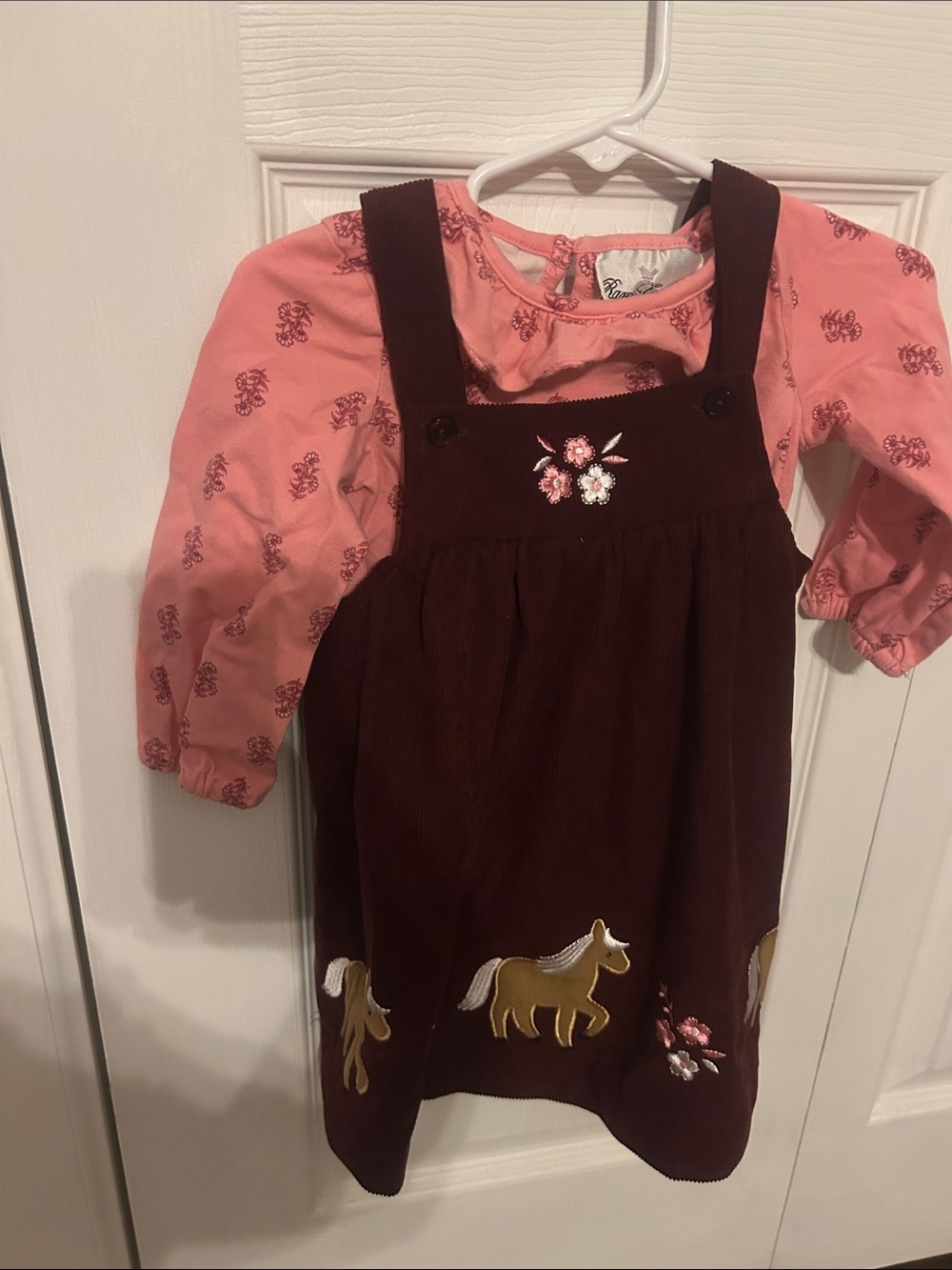 Rare Editions Burgundy Corduroy Pinafore Dress with Pink Floral Top